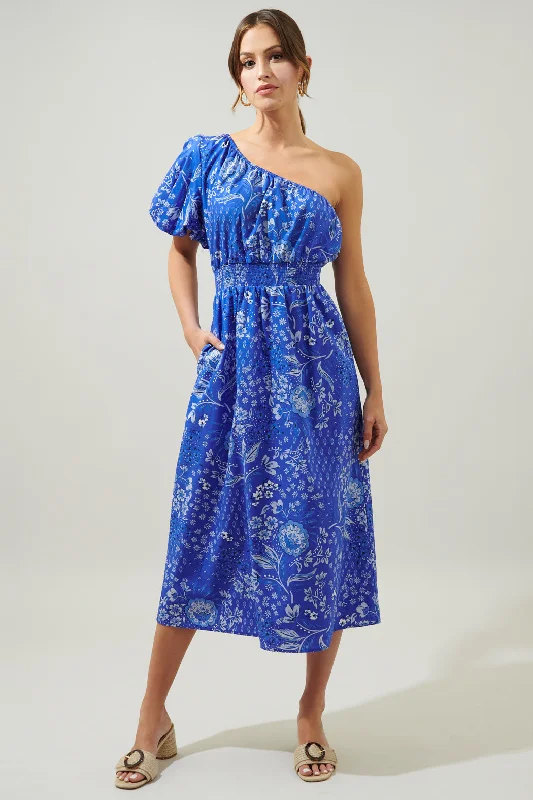 Midi Dresses for trendy fall family gatherings-Amaya Mixed Print Bridgette One Shoulder Midi Dress