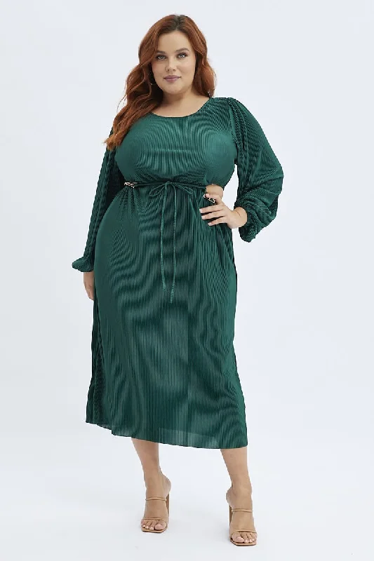 Midi Dresses for casual spring outdoor birthday celebrations-Green Midi Dress Long Sleeve Cut Out Plisse