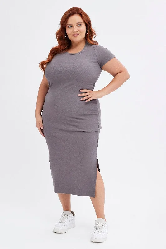 Midi Dresses for trendy family spring reunion parties-Grey Bodycon Dress Short Sleeve Midi Rib