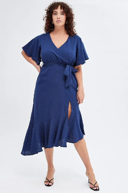 Midi Dresses for trendy fall birthday dinners-Blue Midi Dress Short Sleeve Faux Wrap