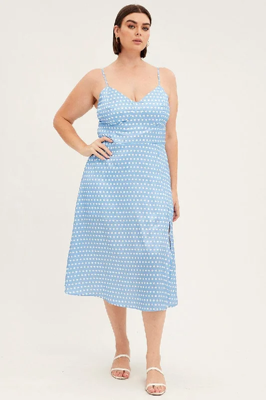 Midi Dresses for family reunion spring birthday gatherings-Blue Polka Dot Midi Dress Strappy Front Split Satin