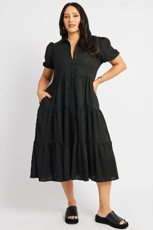 Midi Dresses for casual spring garden celebrations-Black Midi Dress Short Sleeve Shirt