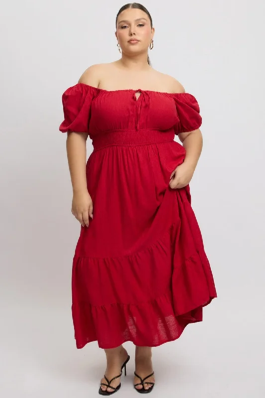 Midi Dresses for formal spring garden parties-Red Tiered Midi Dress Short Sleeve Ruched Bust