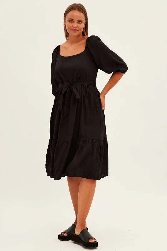 Midi Dresses for spring birthday garden parties-Black Midi Dress Puff Sleeve Belt Frill Hem