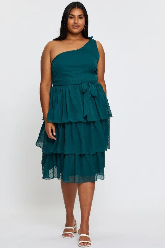 Midi Dresses for fall chic family picnics-Green Midi Dress One Shoulder Sleeveless