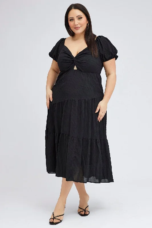 Midi Dresses for formal romantic dinners-Black Midi Dress Short Sleeve Cut Out