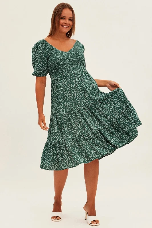 Midi Dresses for trendy fall formal gatherings-Green Ditsy Midi Dress Shirred Bodice V-neck