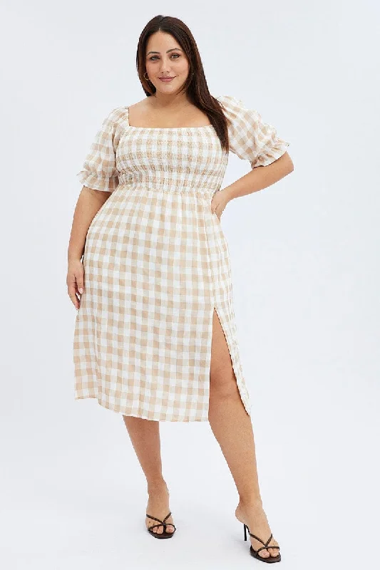 Midi Dresses for casual spring outdoor dinners-Nude Check Midi Dress Split Front Large Gingham Check