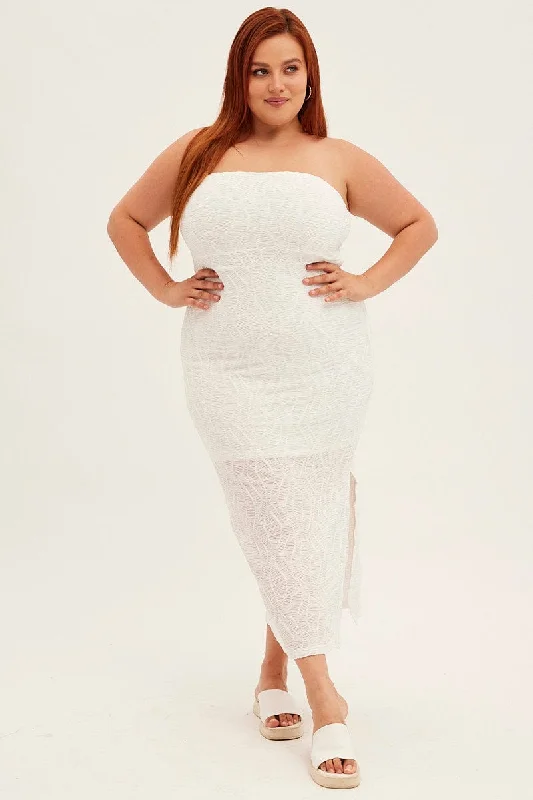 Midi Dresses for casual fall family reunion gatherings-White Bodycon Dress Strapless Midi Textured