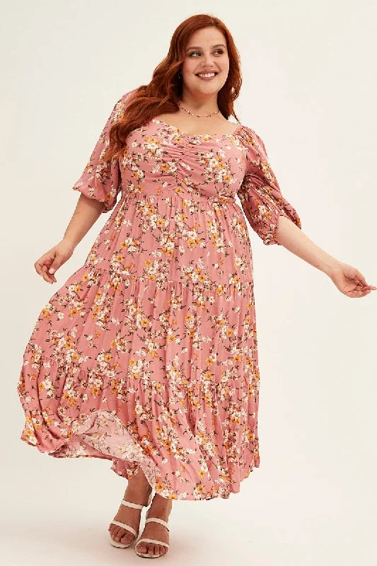 Midi Dresses for casual outdoor birthday parties-Ditsy Print Short Puff Sleeve Pink Ditsy Rayon Midi Dress