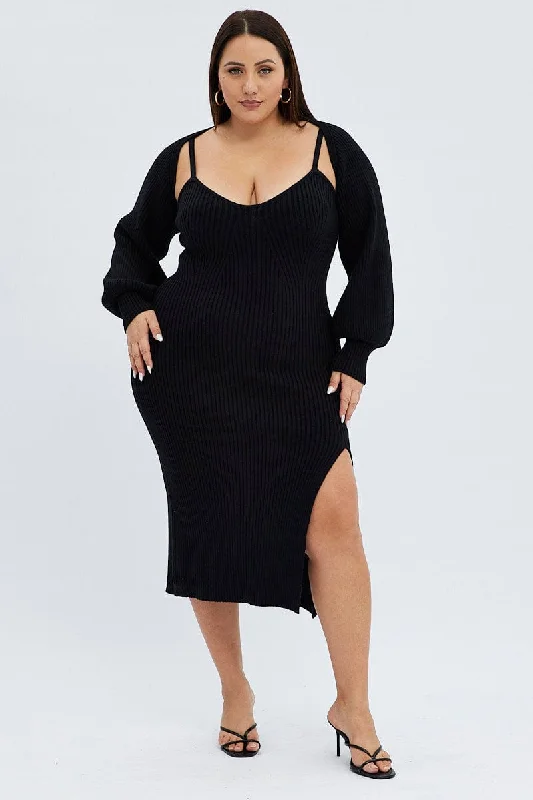 Midi Dresses for trendy spring birthday gatherings-Black Knit Dress Midi Shrug