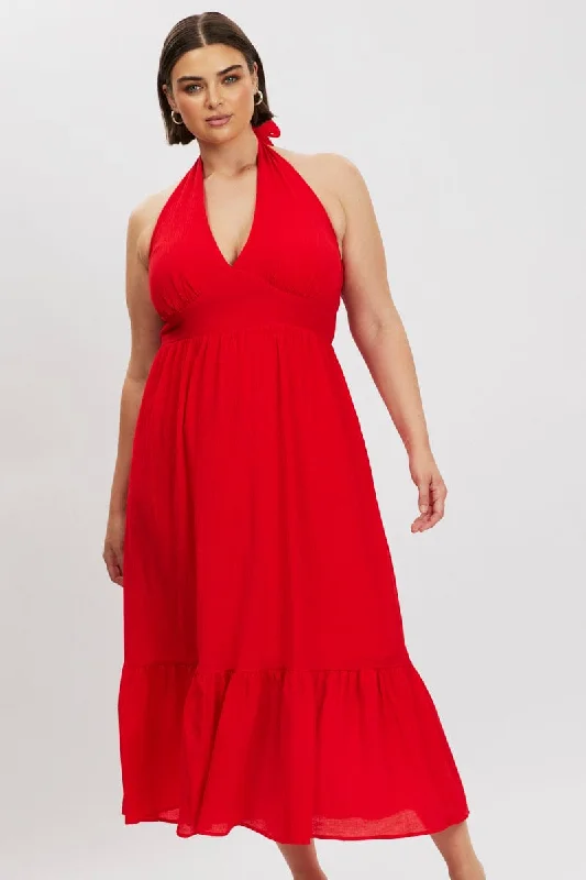 Midi Dresses for formal romantic dinners-Red Halter Neck Dress Sleeveless Textured