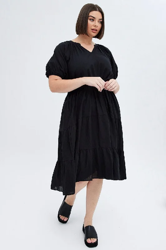 Midi Dresses for romantic anniversary fall events-Black Midi Dress Tiered Notch Collar Belted