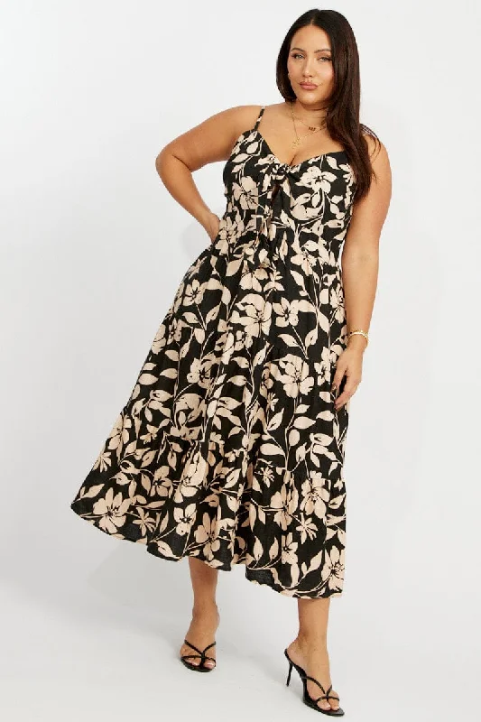 Midi Dresses for spring casual garden parties-Black Floral Midi Dress Sleeveless Front Tie