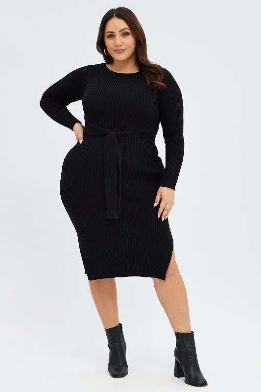 Midi Dresses for trendy spring garden family gatherings-Black Knit Dress Long Sleeve Midi High Neck Tie Front