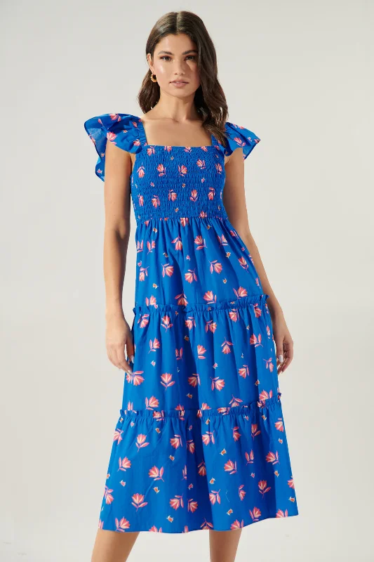 Midi Dresses for casual outdoor birthday dinners-Lazuli Floral Lou Smocked Tiered Midi Dress