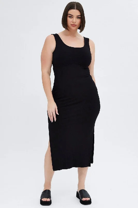 Midi Dresses for trendy summer garden parties-Black Bodycon Dress Rib Jersey Sleeveless Midi