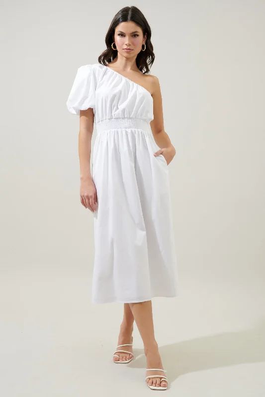 Midi Dresses for formal spring dinners-Bridgette One Shoulder Balloon Sleeve Poplin Midi Dress