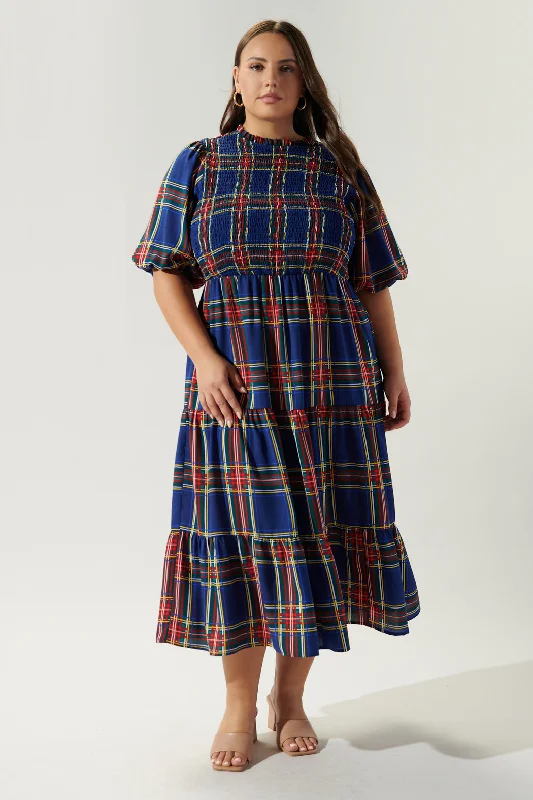 Midi Dresses for trendy spring formal dinners-Lakeview Plaid Smocked Tiered Midi Dress Curve