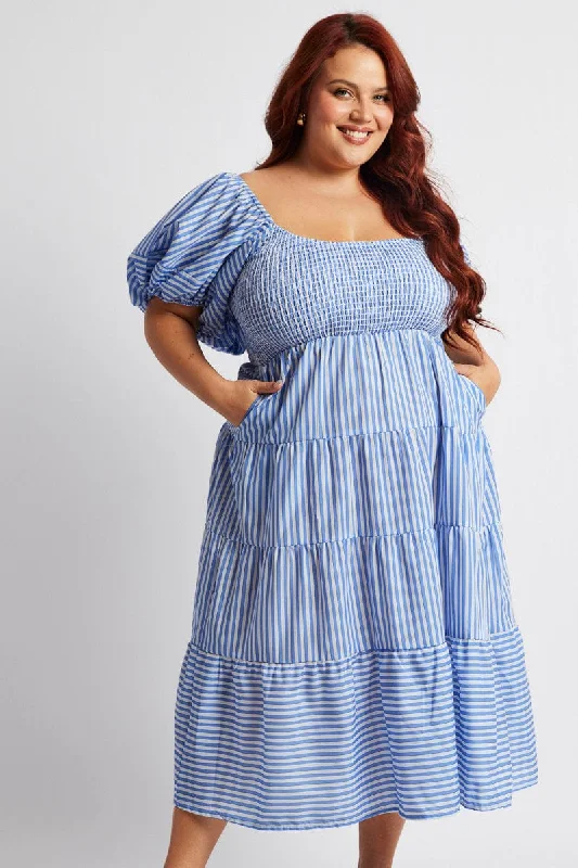 Midi Dresses for elegant holiday gatherings-Blue Stripe Midi Dress Short Sleeve Shirred