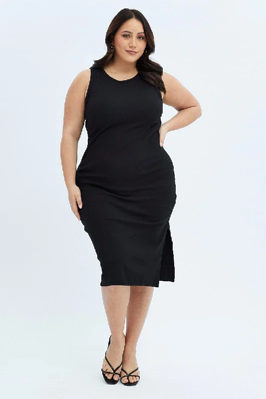 Midi Dresses for casual formal family celebrations-Black Midi Dress Rib Jersey Fitted Sleeveless