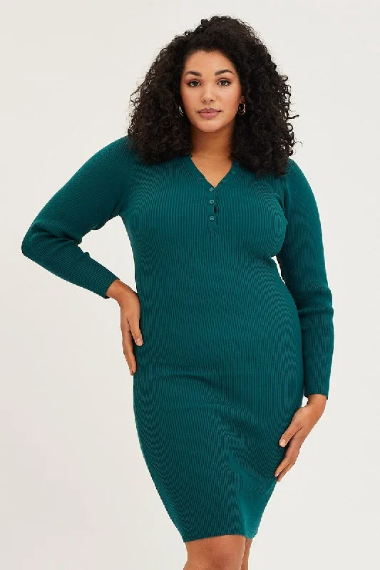 Midi Dresses for chic family holiday parties-Blue Midi Knit Bodycon Dress V-neck Long Sleeve