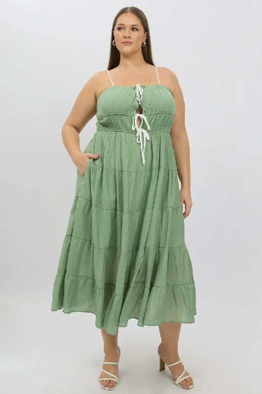 Midi Dresses for trendy fall outdoor birthday parties-Green Midi Dress Sleeveless Contrast Ribbon