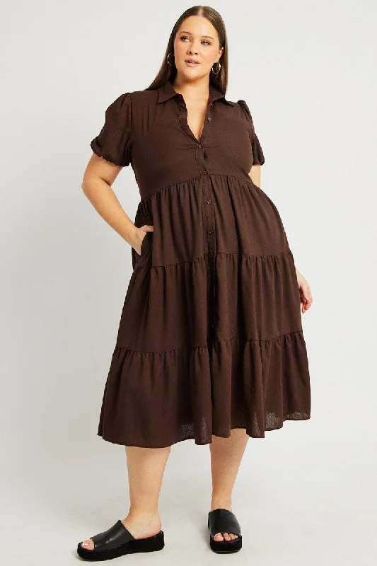 Midi Dresses for family birthday garden celebrations-Brown Midi Dress Short Sleeve Shirt