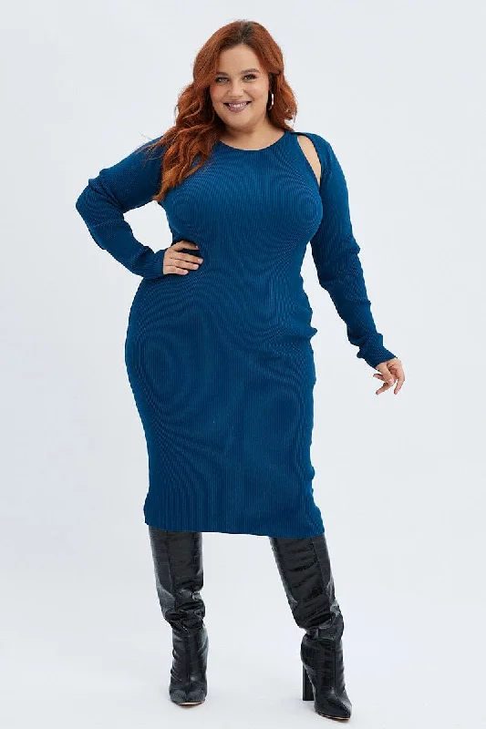 Midi Dresses for casual family birthday gatherings-Blue Knit Dress Cutout Shoulder Midi Rib