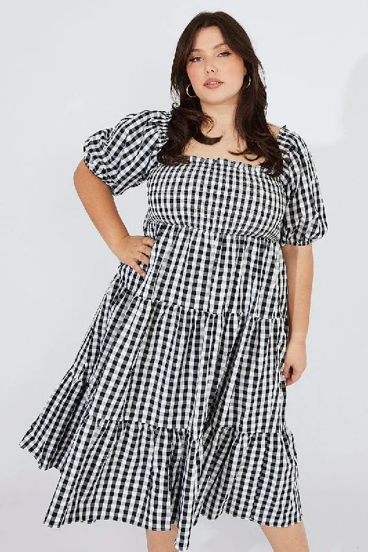 Midi Dresses for stylish spring reunion events-Black Check Midi Dress Short Sleeve Shirred Tie Back