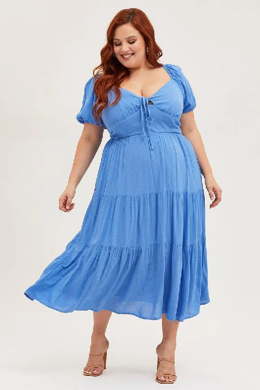 Midi Dresses for trendy spring reunion parties-Blue Midi Skater Dress Short Sleeve Tie Front