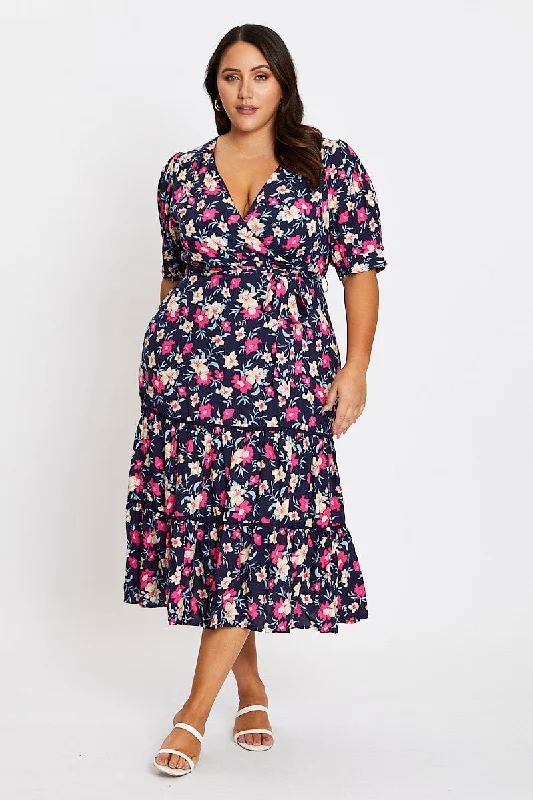 Midi Dresses for fall holiday gatherings-Floral Print Short Sleeve Puff Sleeve Midi Dress