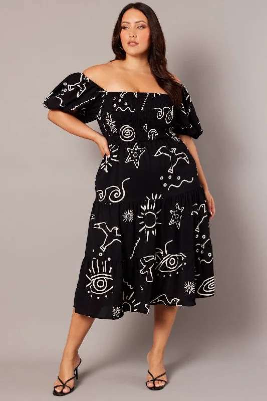 Midi Dresses for family reunion spring dinner parties-Black Abstract Midi Dress Short Sleeve Shirred