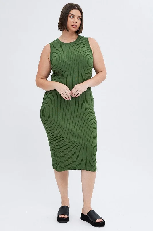 Midi Dresses for family spring garden parties-Green Knit Dress Wide Rib High Neck Sleeveless Midi