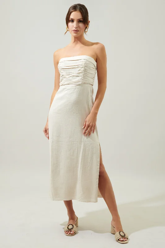 Midi Dresses for spring birthday reunion dinner parties-Morro Bay Strapless Ruched Midi Dress