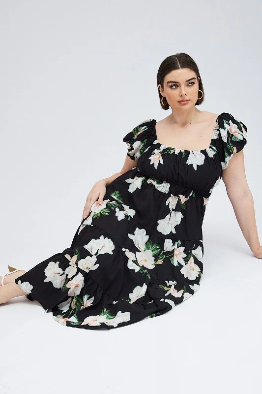 Midi Dresses for elegant fall family gatherings-Black Floral Midi Dress Short Sleeve Tiered Ruched