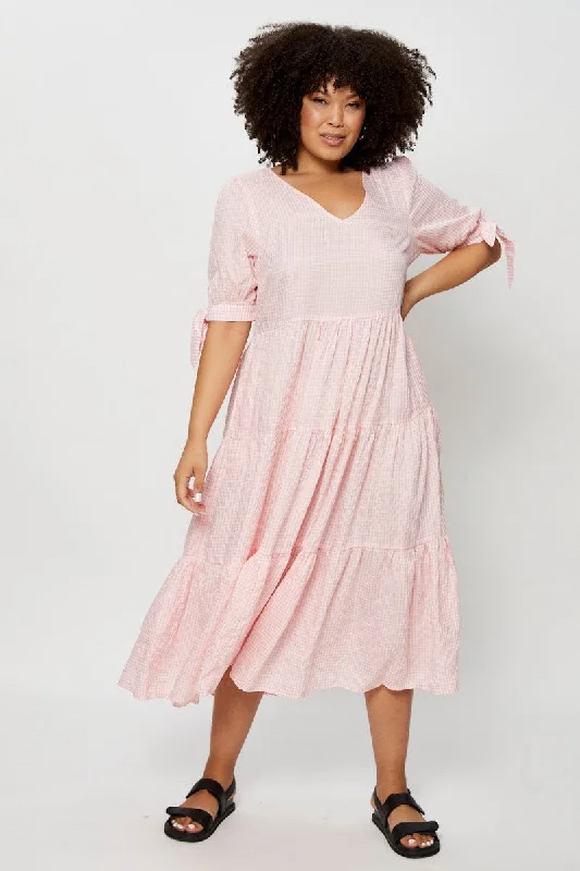 Midi Dresses for spring evening dinners-Check Midi Dress V-neck Short Sleeve