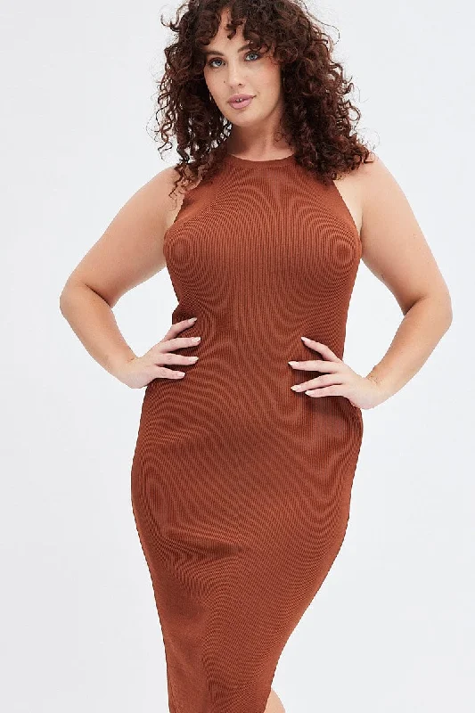 Midi Dresses for elegant spring reunion gatherings-Brown Knit Dress High Neck Midi