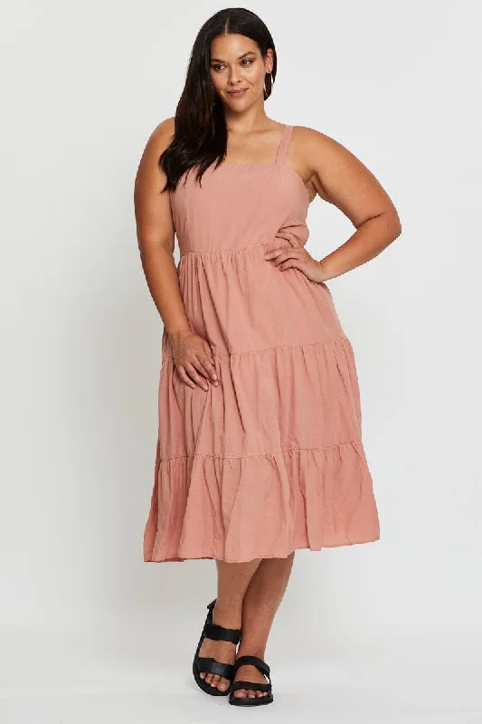 Midi Dresses for formal spring brunch events-Pink Midi Dress Square Neck Sleeveless