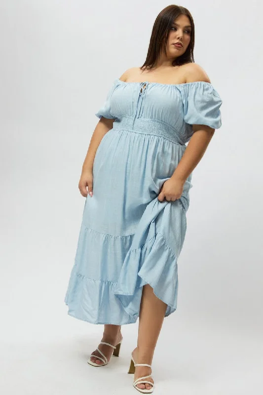 Midi Dresses for spring romantic family gatherings-Blue Tiered Midi Dress Short Sleeve Ruched Bust