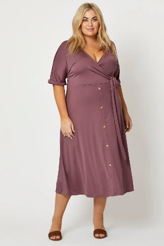 Midi Dresses for romantic spring garden events-Purple Midi Dress V-neck Short Sleeve Waist Tie