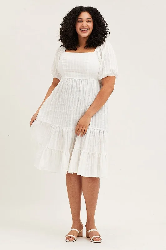 Midi Dresses for family reunion dinner parties-White Midi Dress Square Neck Short Sleeve