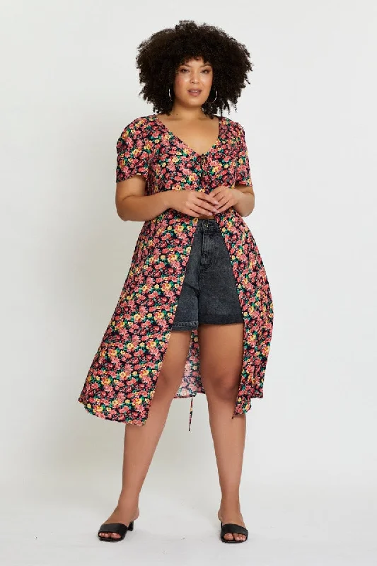 Midi Dresses for trendy spring outdoor events-Floral Print Midi Dress Short Sleeve Button