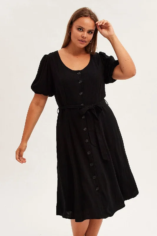 Midi Dresses for trendy fall birthday dinner wear-Black Short Sleeve Button Through Linen Blend Midi Dress