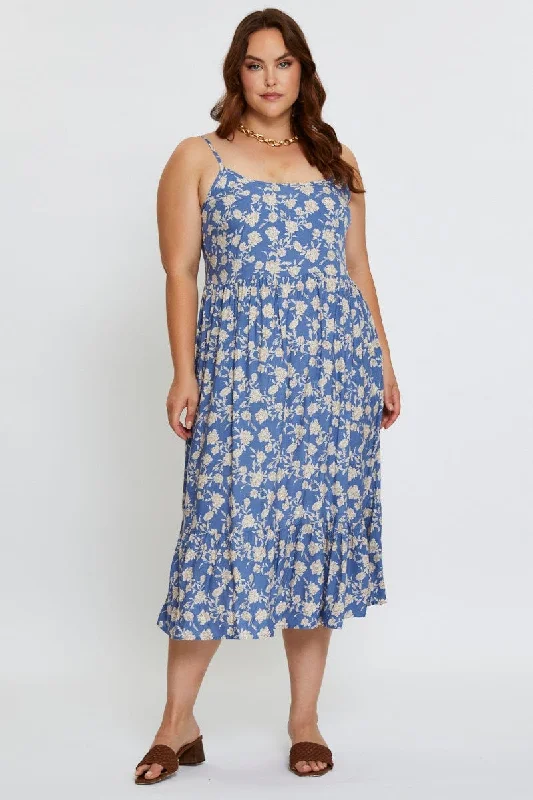 Midi Dresses for casual spring birthday parties-Floral Print Midi Dress Square Neck Sleeveless