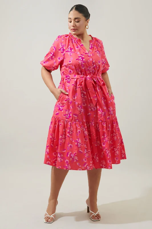 Midi Dresses for formal outdoor weddings-Magnolis Rhubarb Wynette Tiered Midi Dress Curve