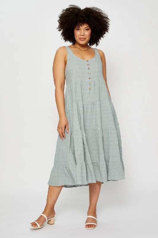 Midi Dresses for trendy fall romantic family gatherings-Green Midi Dress Square Neck Sleeveless Button