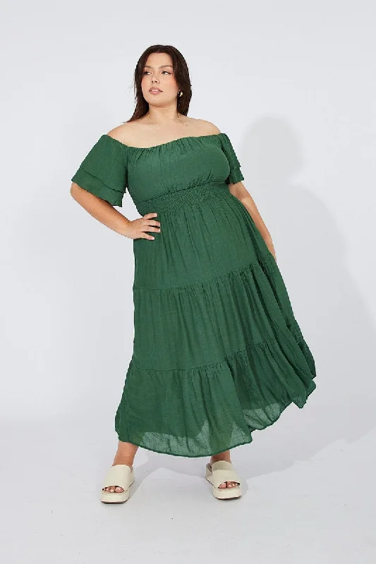 Midi Dresses for family reunion dinner-Green Off Shoulder Layer Midi Dress