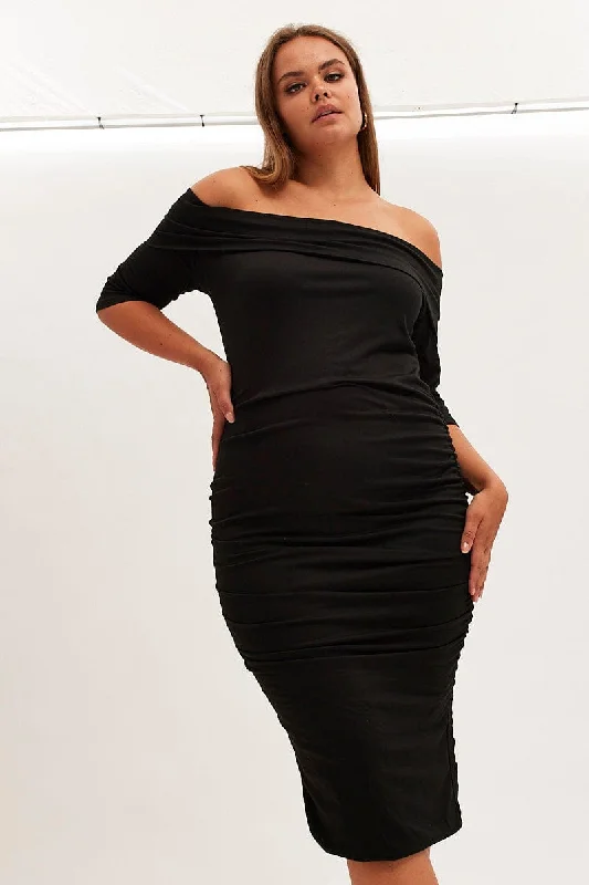 Midi Dresses for spring romantic family gatherings-Black Midi Dress Off Shoulder Bodycon Jersey