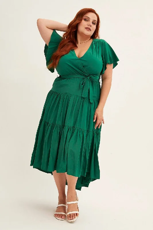 Midi Dresses for family reunion spring picnic events-Green Midi Dress V-neck Tie